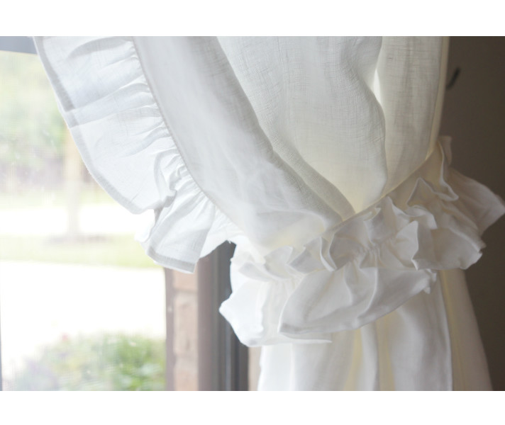 white linen curtains with leading edge ruffle