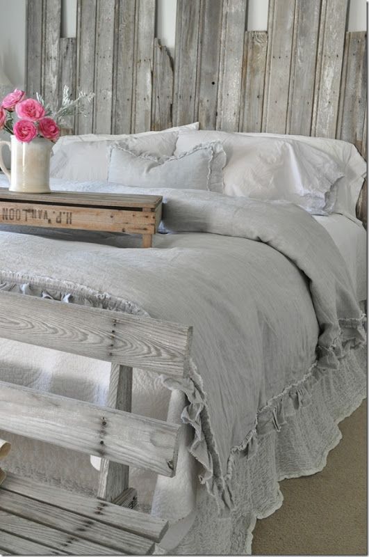 rustic bedroom with grey bedding