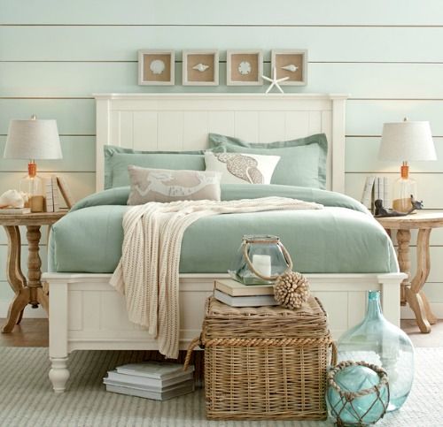 teal and sand coastal inspired bedroom