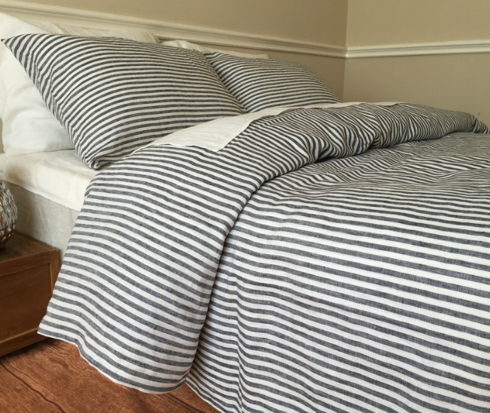 navy and white striped bedding
