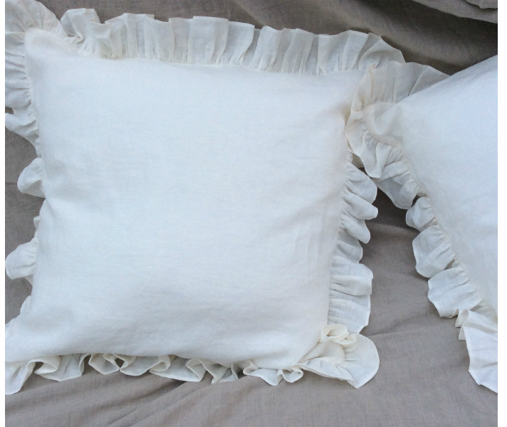 White ruffle euro sham natural linen