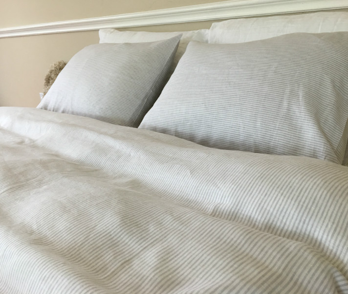 grey striped bedding