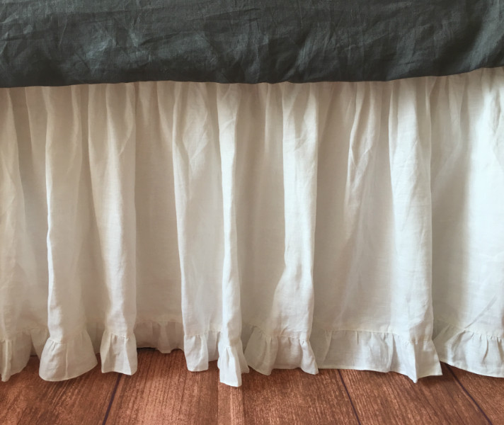 WHITE Linen Bedskirt- Gathered with Ruffle Hem