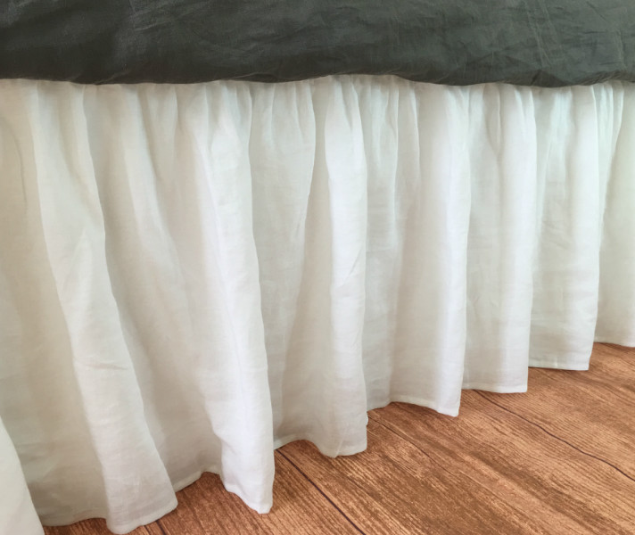 WHITE Linen Bedskirt-Gathered Ruffle 