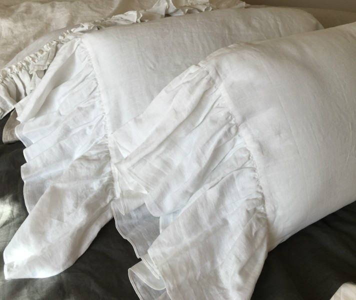 WHITE Linen Pillow Covers with Mermaid Long Ruffles 